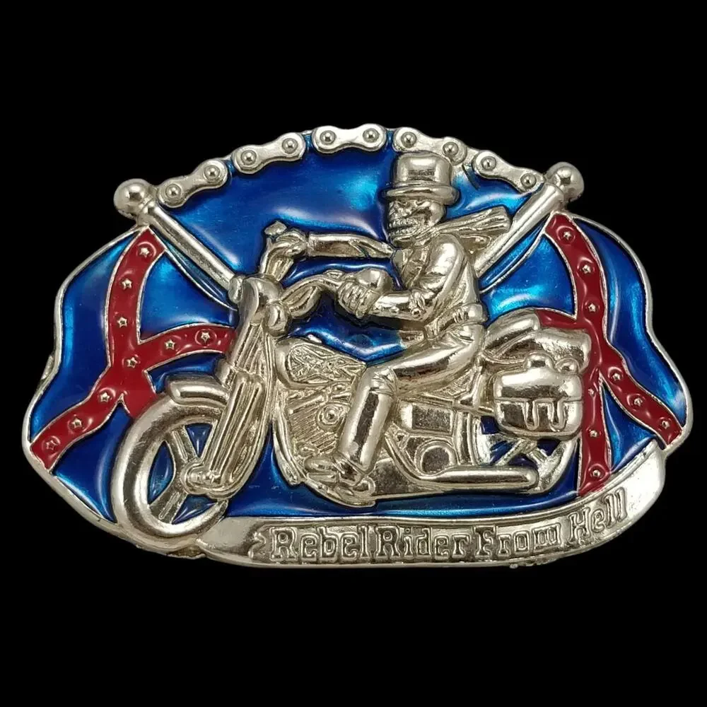 Rebel‎ Rider From Hell Motorcycle Skeleton Enamel Stamped Belt Buckle